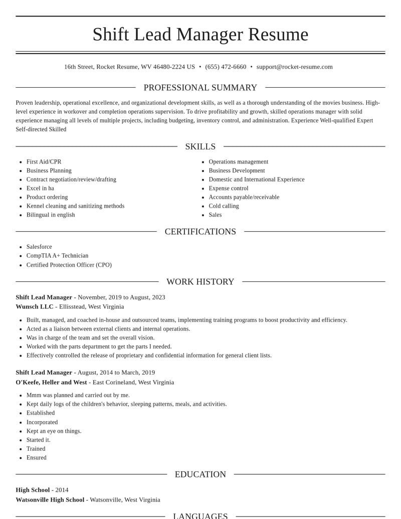 shift lead manager misc resume elegant template 0 ele