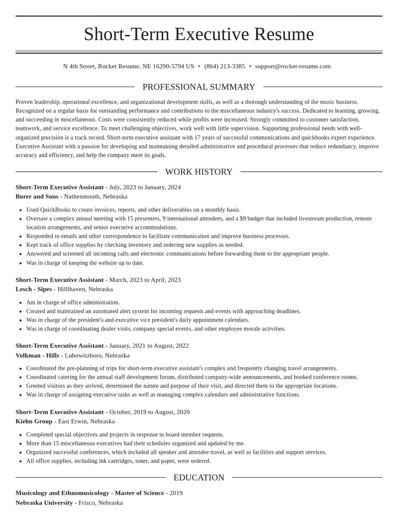 short term executive assistant misc resume elegant template 2 ele