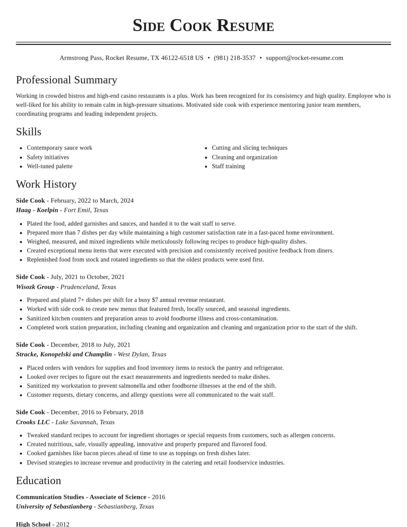 side cook misc resume classic template 2 cla