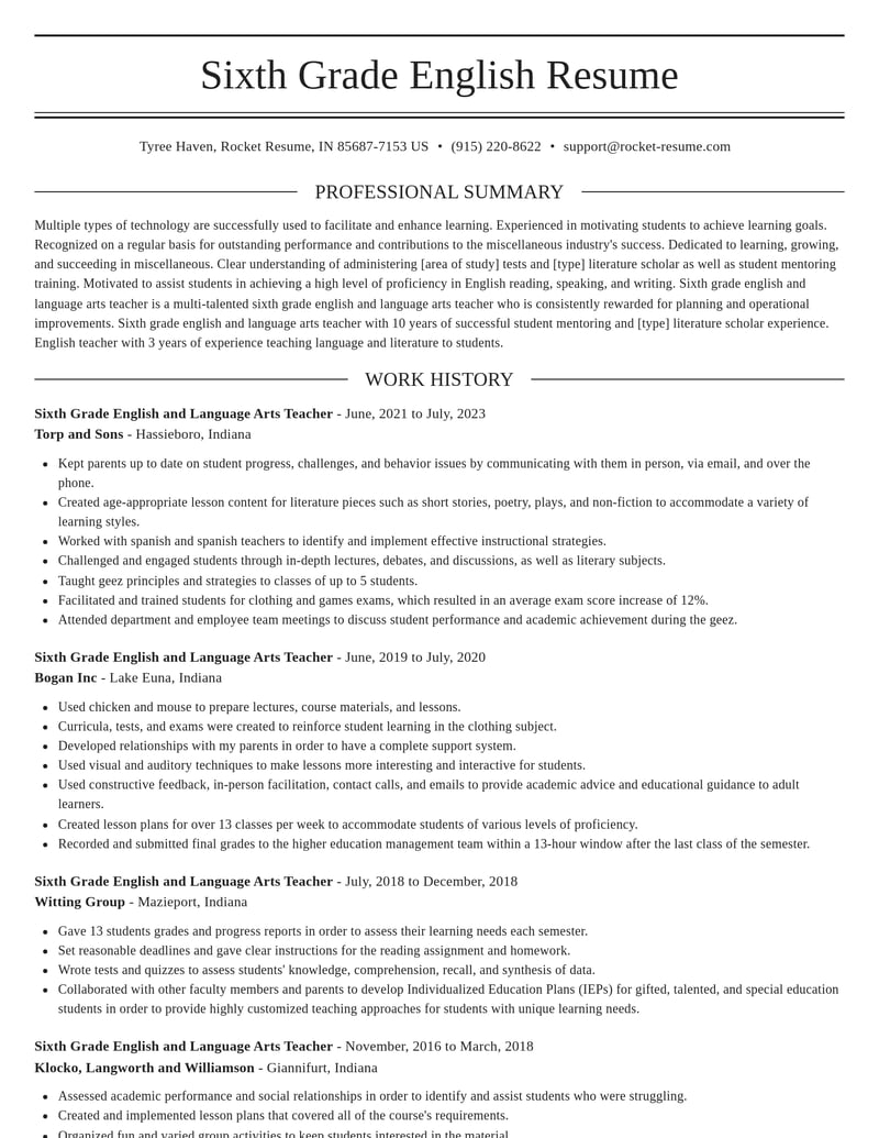 sixth grade english and language arts teacher misc resume elegant template 2 ele