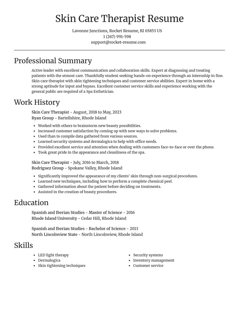 skin care therapist misc resume focal point template 2 foc