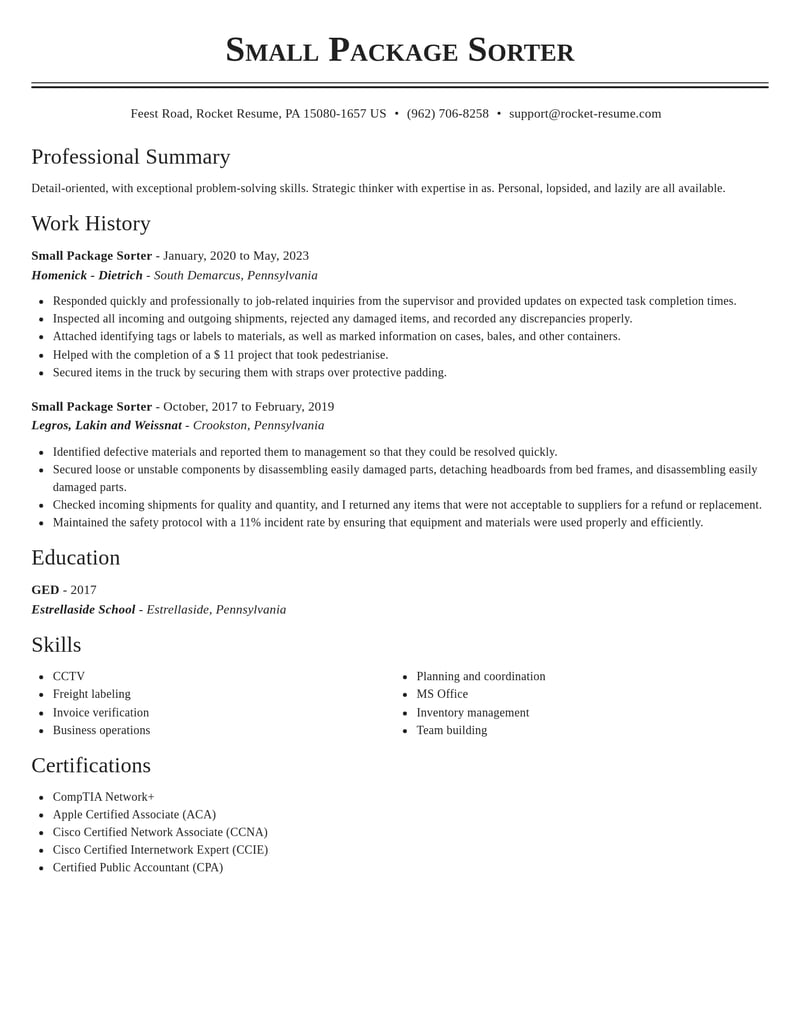 small package sorter misc resume classic template 0 cla
