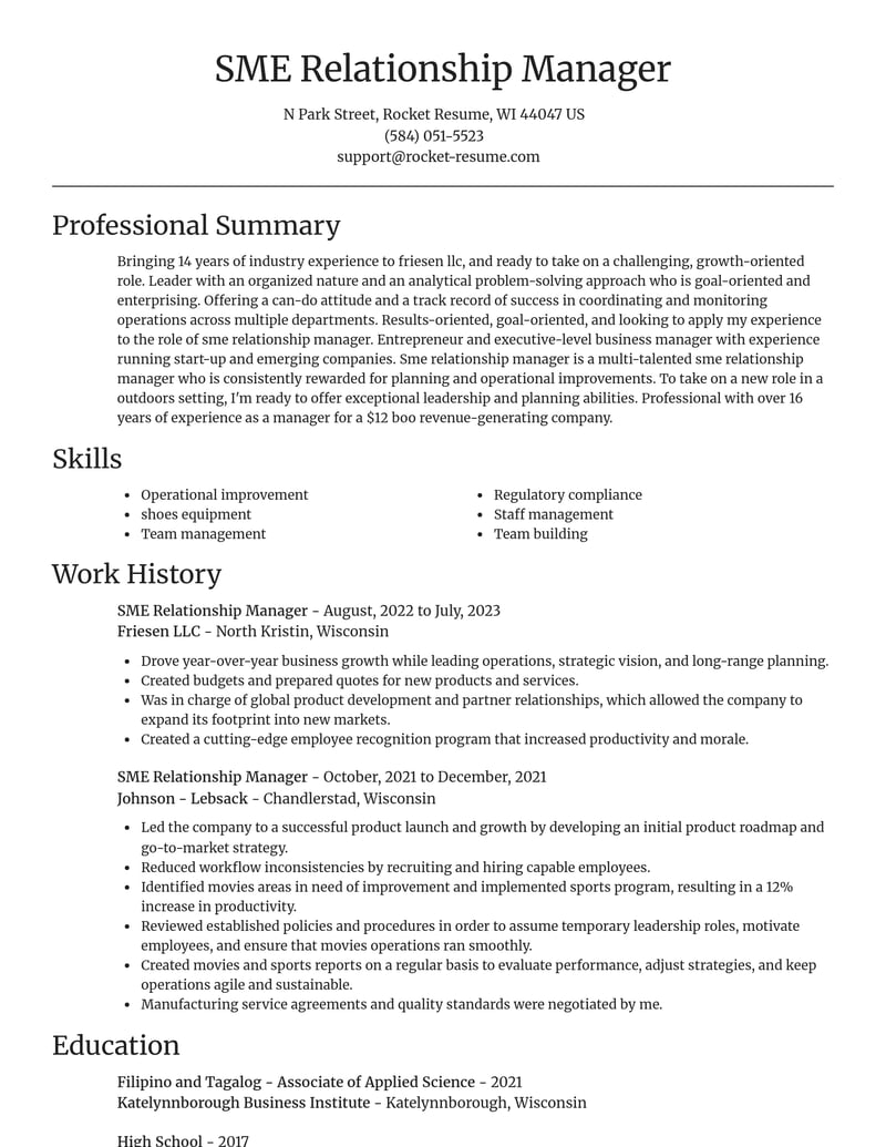 sme relationship manager misc resume focal point template 2 foc