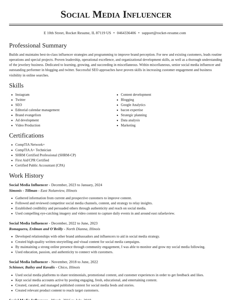 social media influencer misc resume classic template 0 cla