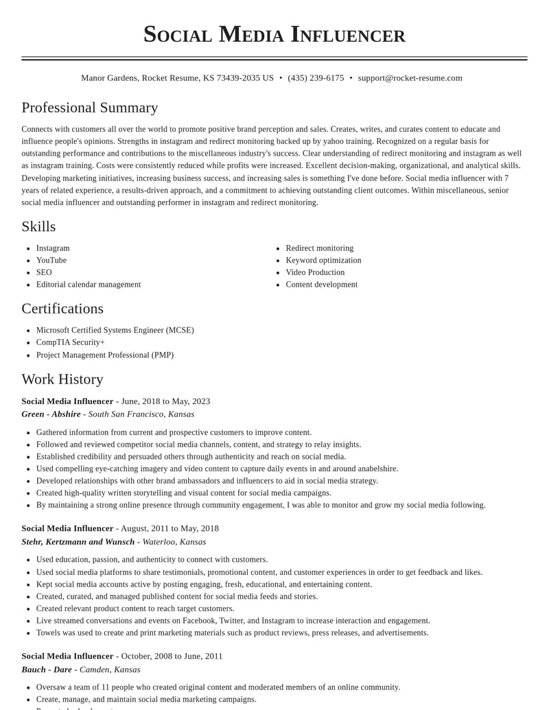 social media influencer misc resume classic template 1 cla