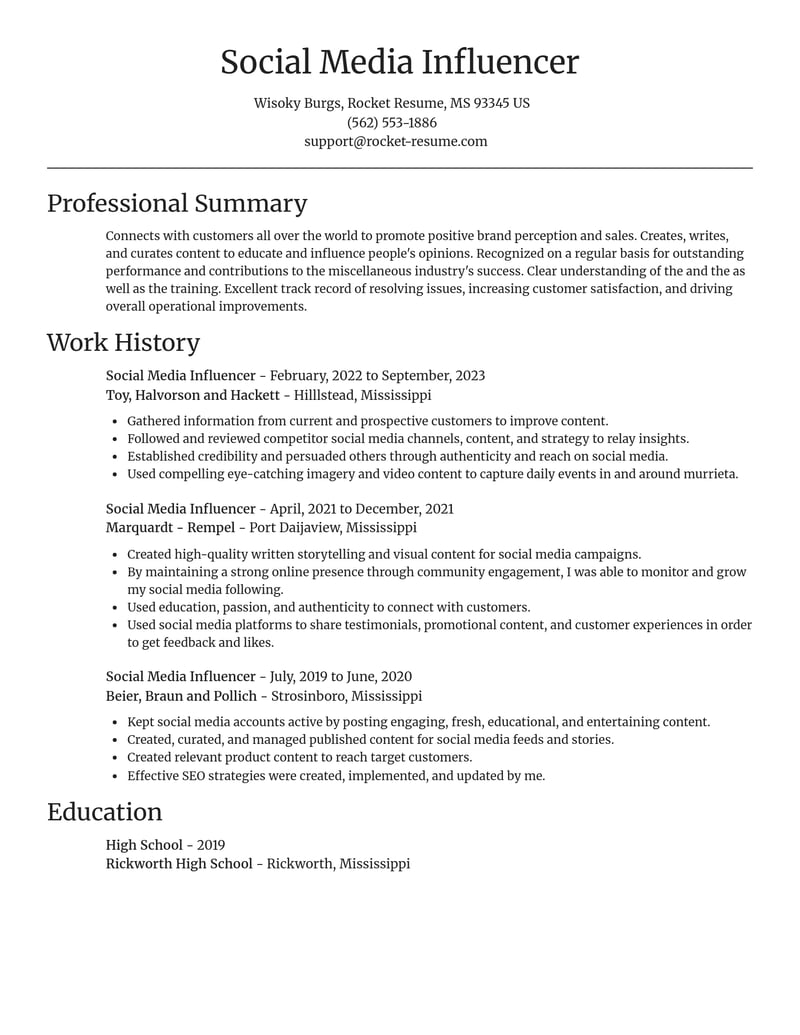 social media influencer misc resume focal point template 2 foc