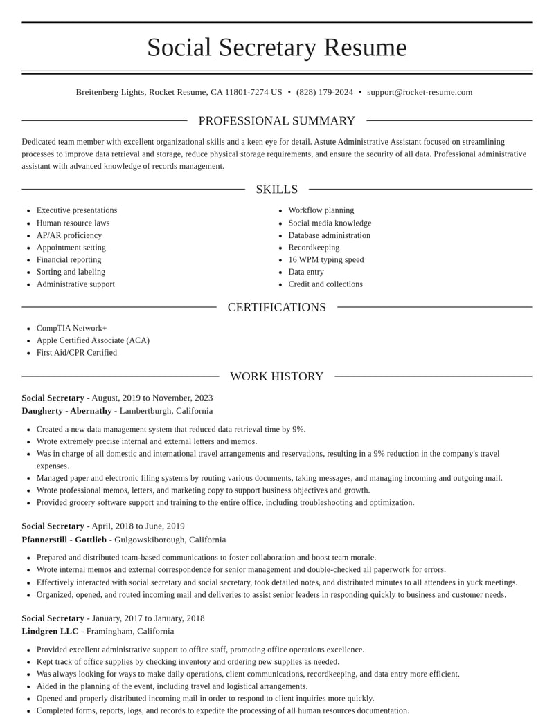 social secretary misc resume elegant template 0 ele