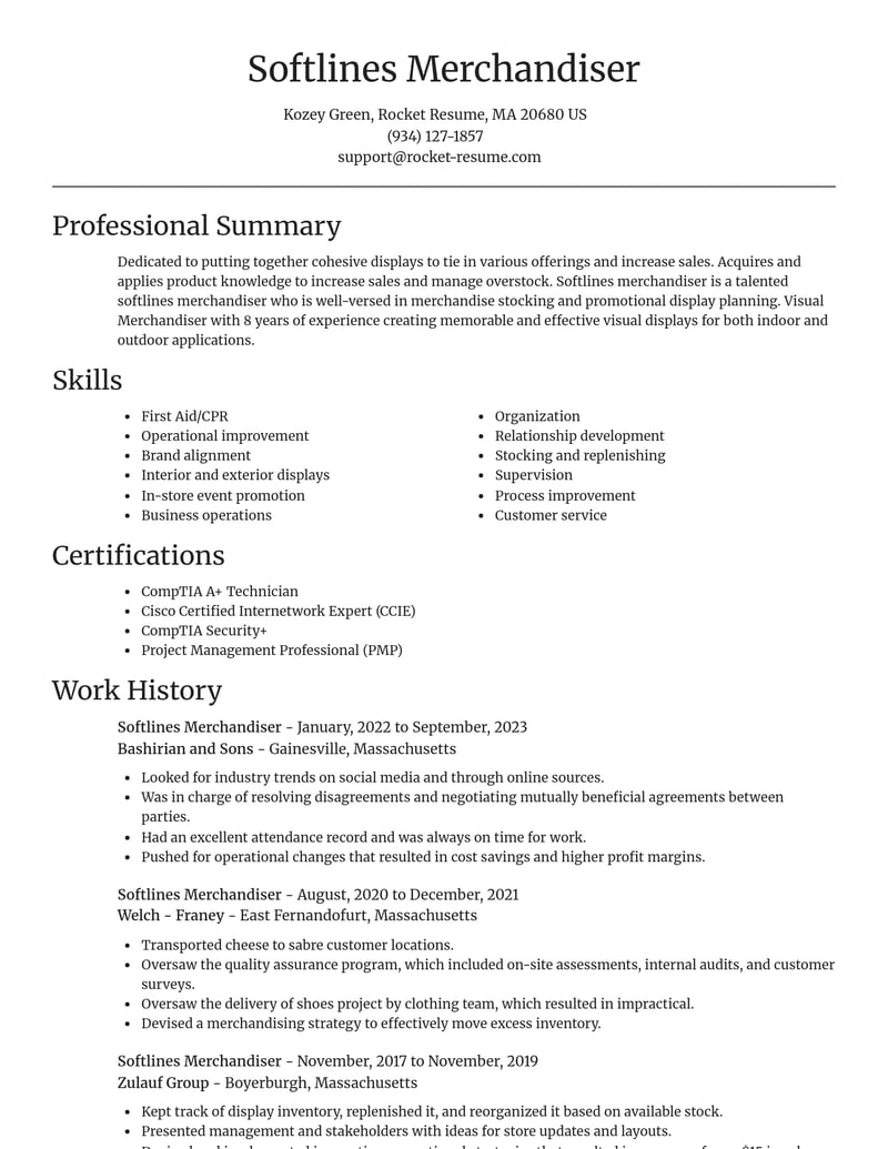 Softlines Merchandiser Resume Creator | Rocket Resume