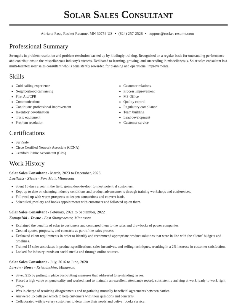 solar sales consultant misc resume classic template 2 cla