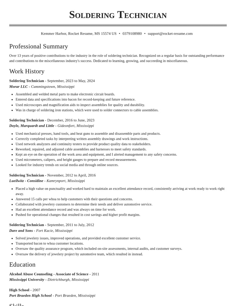 soldering technician misc resume classic template 2 cla