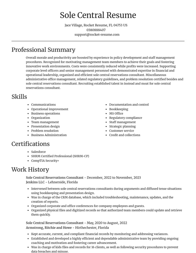 sole central reservations consultant misc resume focal point template 1 foc