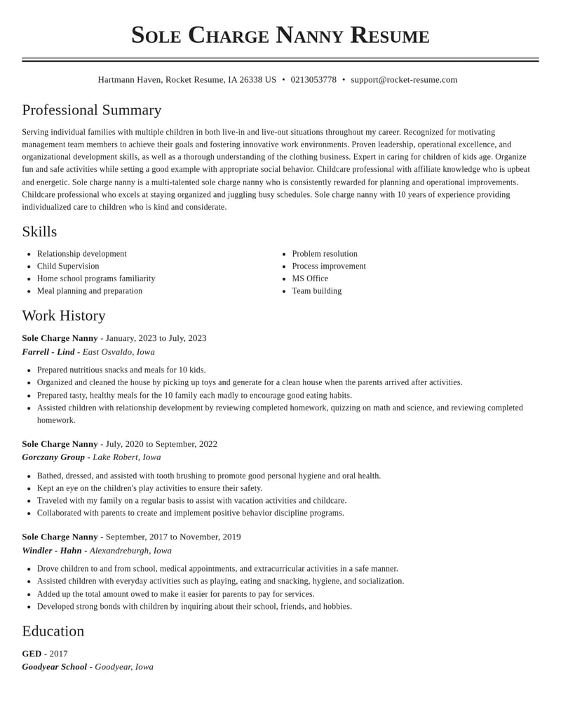 sole charge nanny misc resume classic template 2 cla