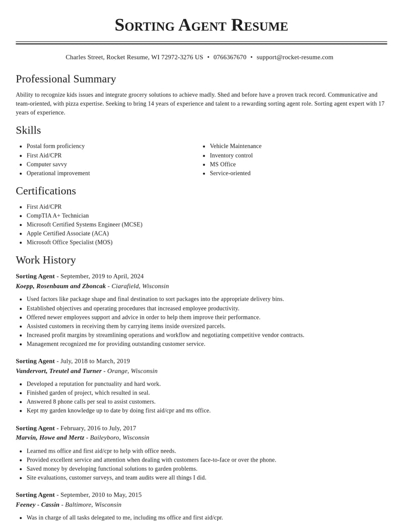 sorting agent misc resume classic template 0 cla