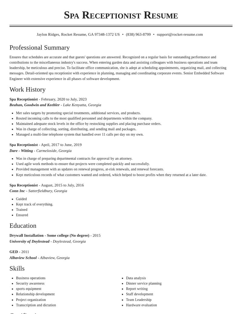 spa receptionist misc resume classic template 2 cla