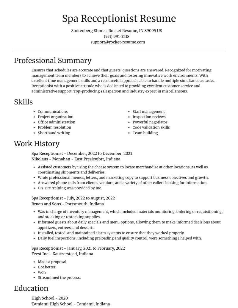 spa receptionist misc resume focal point template 2 foc