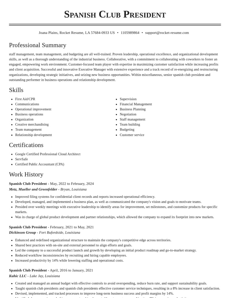 spanish club president misc resume classic template 0 cla