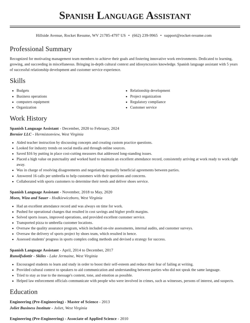 spanish language assistant misc resume classic template 2 cla