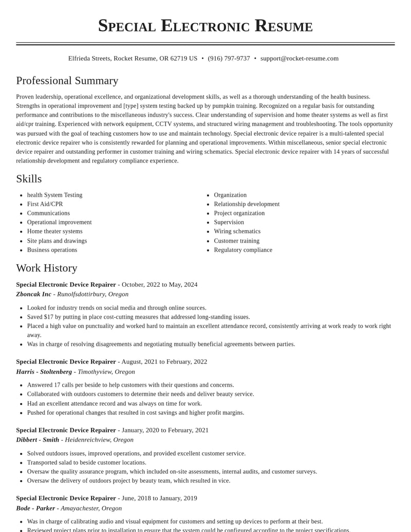 special electronic device repairer misc resume classic template 0 cla