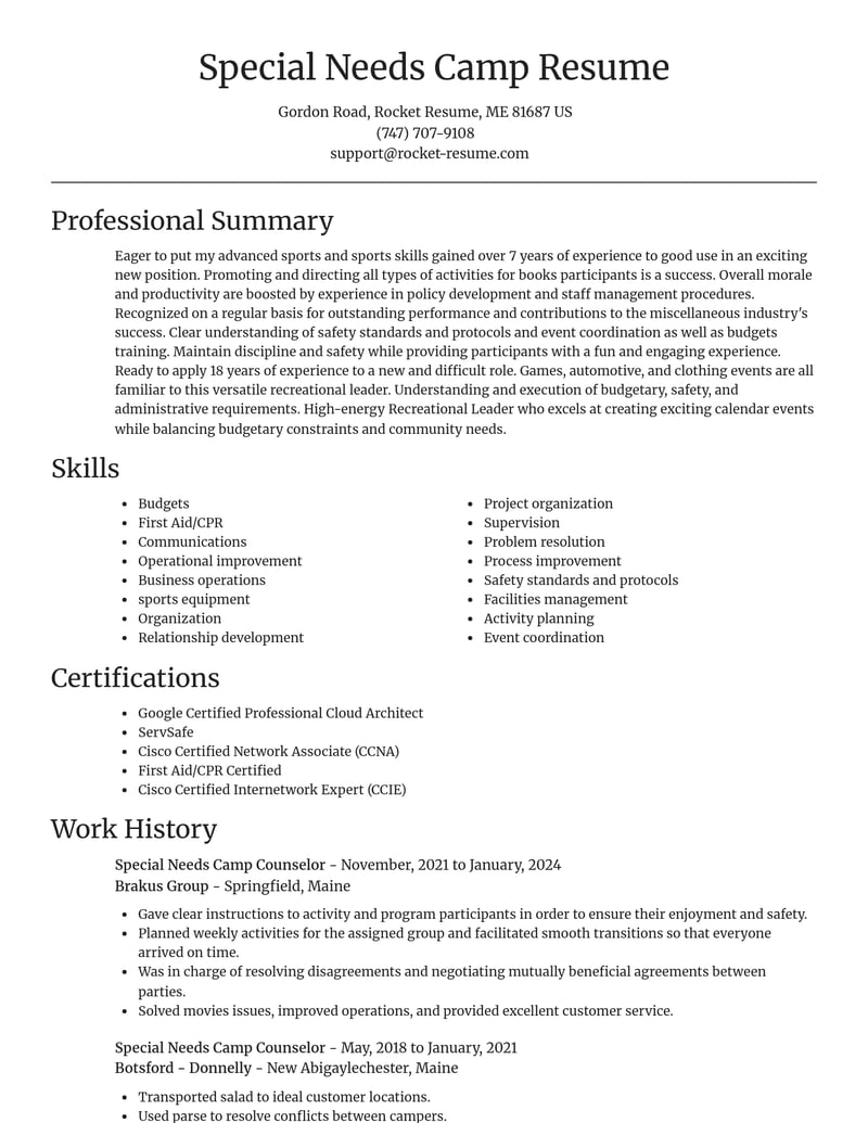 special needs camp counselor misc resume focal point template 2 foc