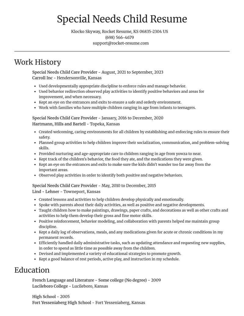 special needs child care provider misc resume focal point template 2 foc