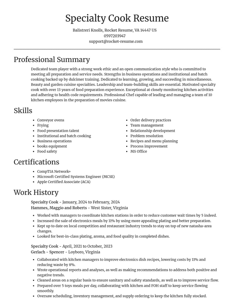 specialty cook misc resume focal point template 0 foc