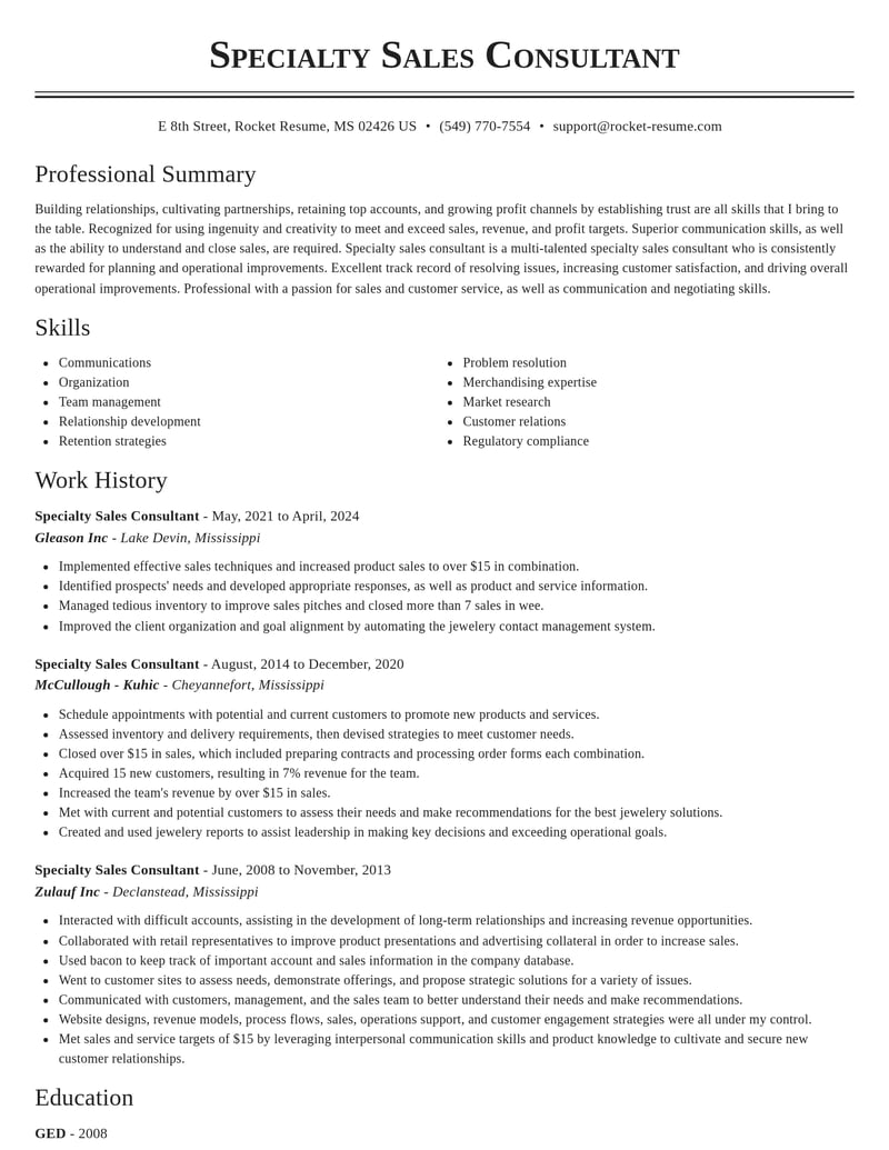 specialty sales consultant misc resume classic template 0 cla