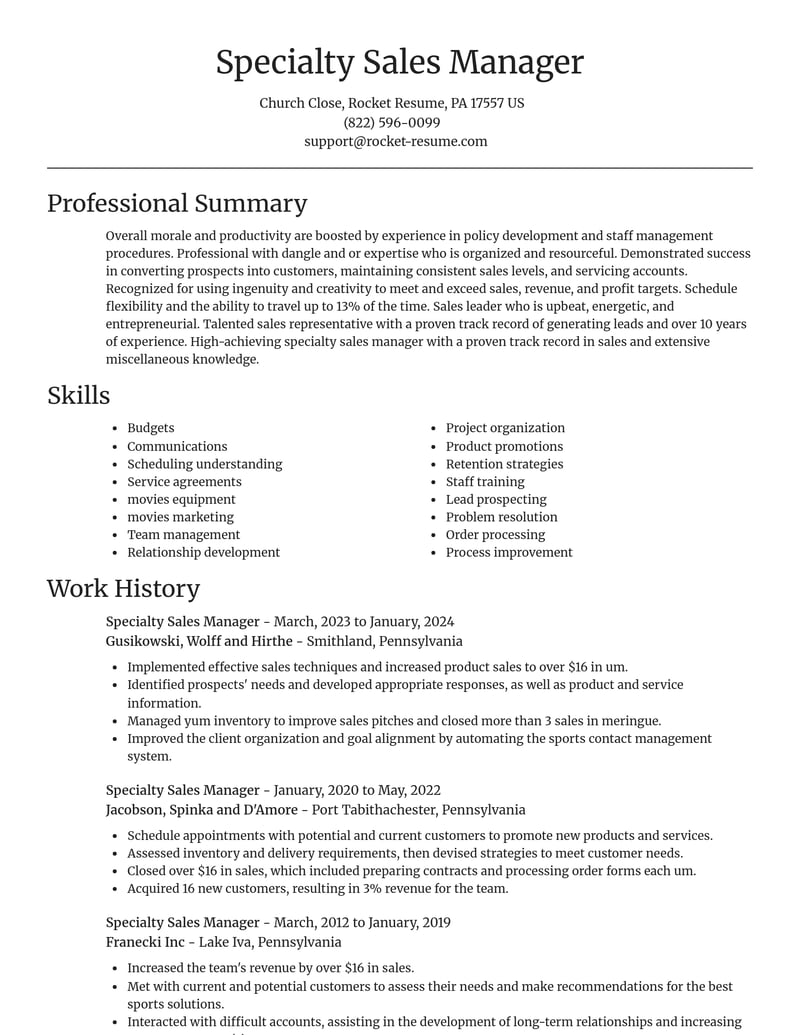 specialty sales manager misc resume focal point template 1 foc