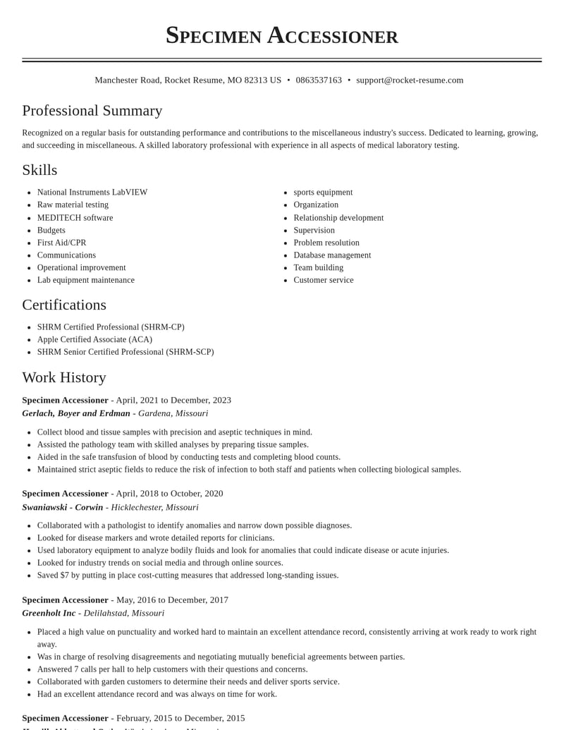 specimen accessioner misc resume classic template 2 cla