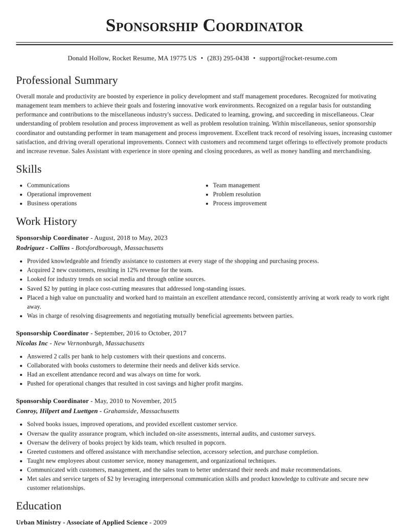 sponsorship coordinator misc resume classic template 2 cla
