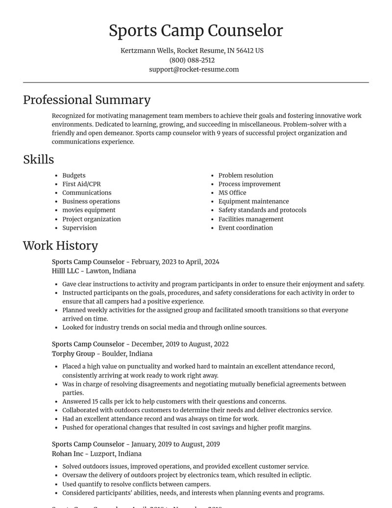 sports camp counselor misc resume focal point template 2 foc