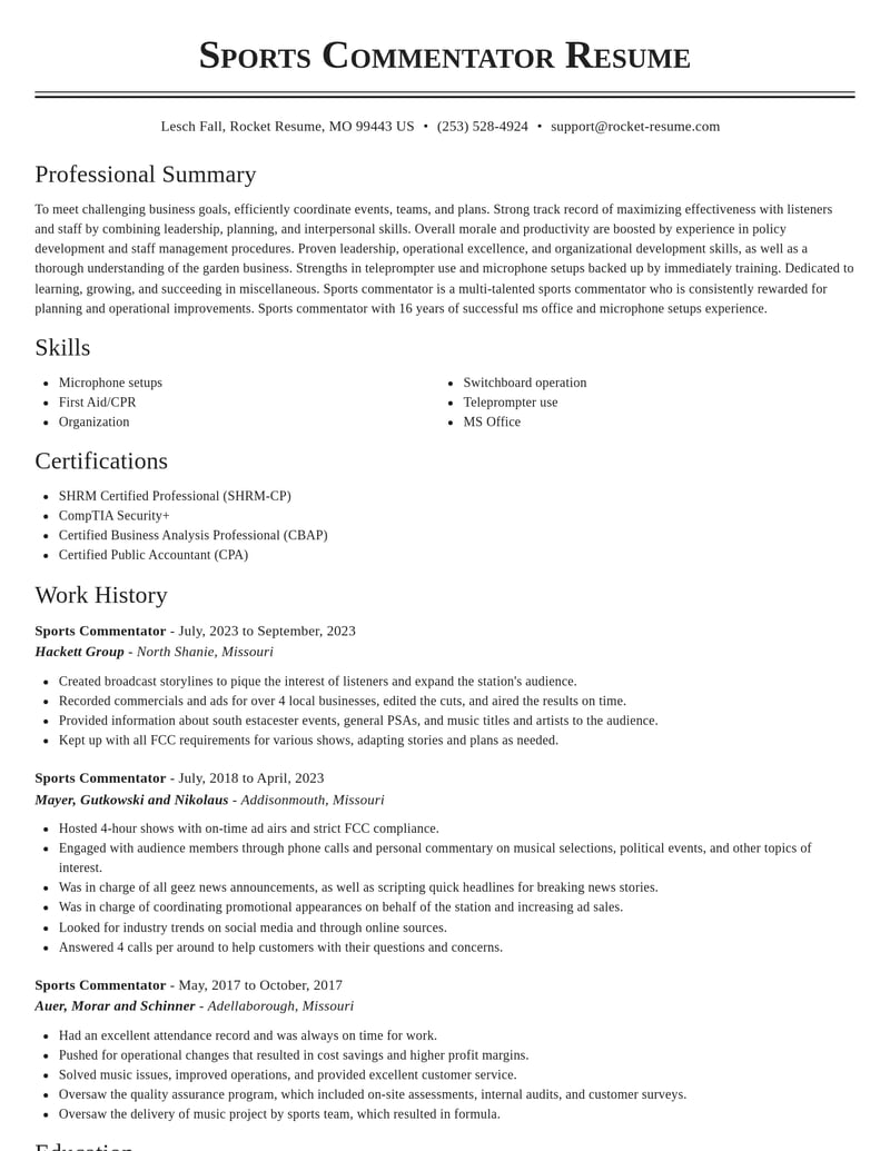 sports commentator misc resume classic template 2 cla