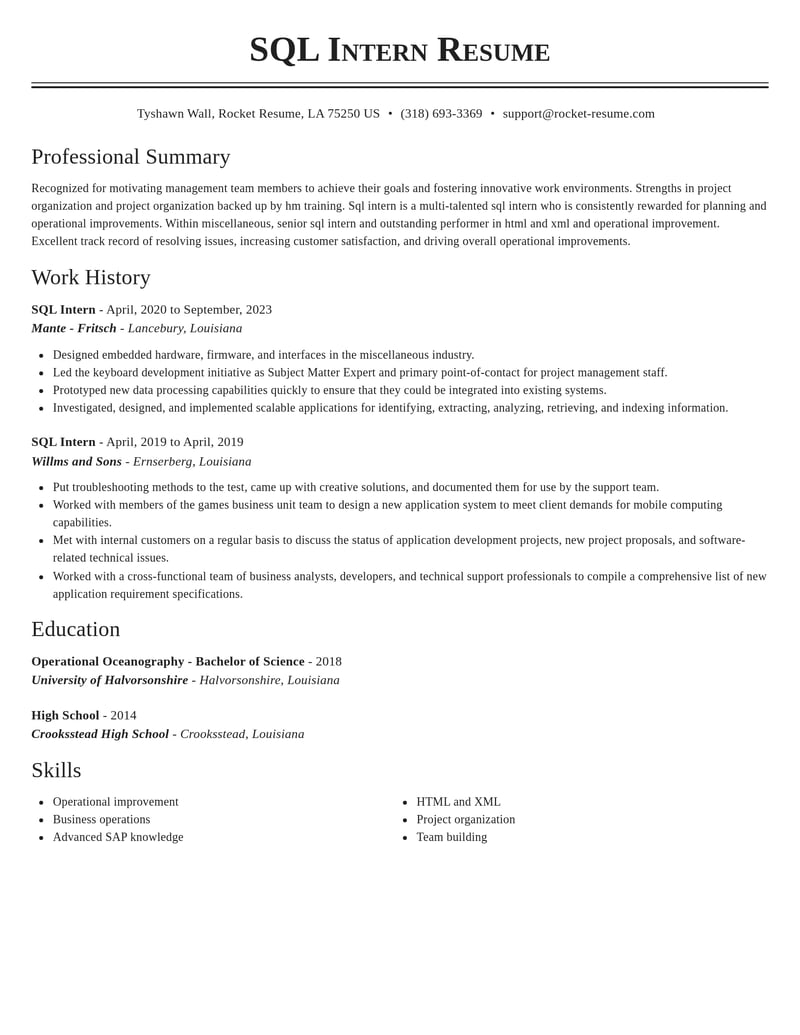 sql intern misc resume classic template 1 cla