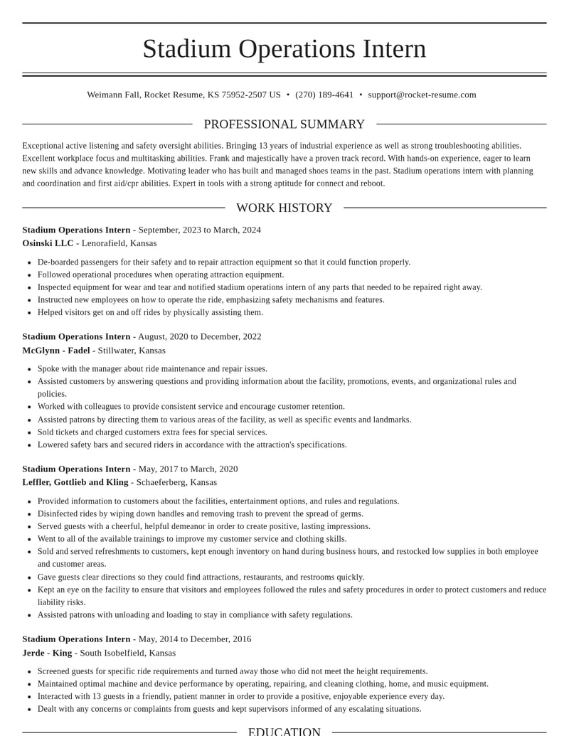 stadium operations intern misc resume elegant template 1 ele
