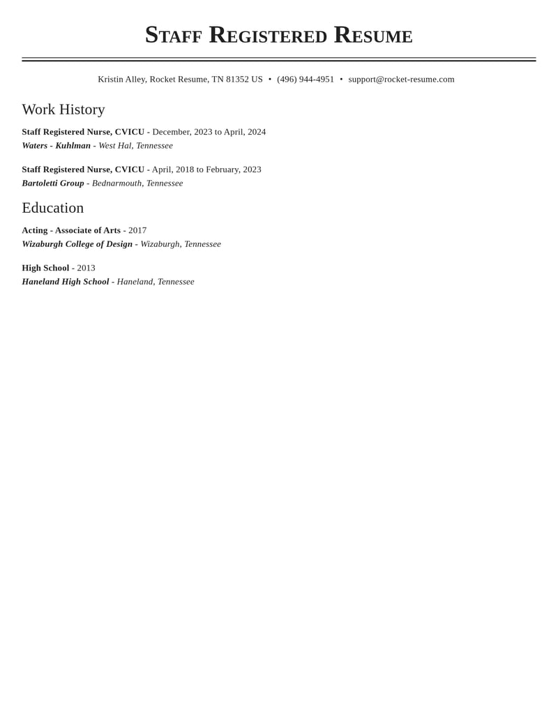 staff registered nurse cvicu misc resume classic template 0 cla