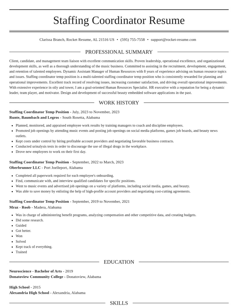 staffing coordinator temp position misc resume elegant template 0 ele