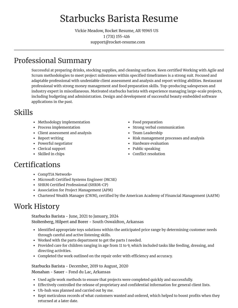 starbucks barista misc resume focal point template 2 foc