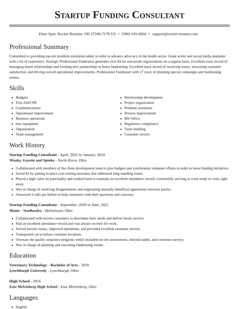 startup funding consultant misc resume classic template 0 cla