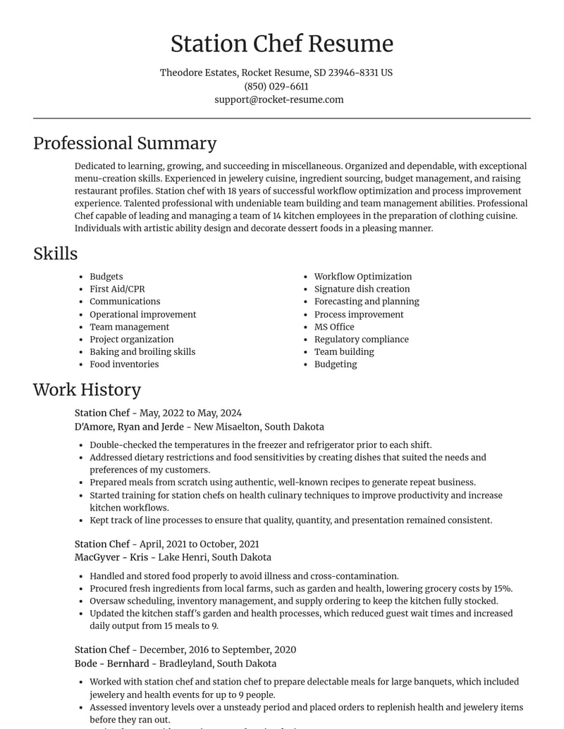 station chef misc resume focal point template 2 foc