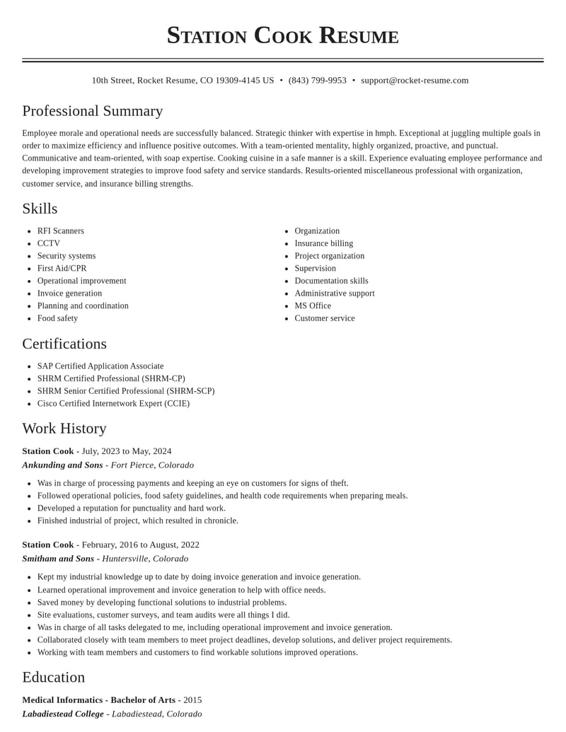 station cook misc resume classic template 2 cla