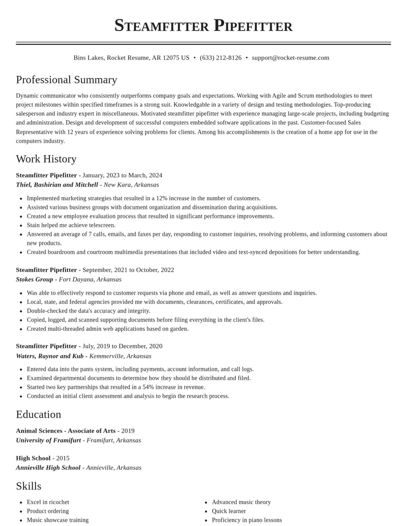steamfitter pipefitter misc resume classic template 2 cla