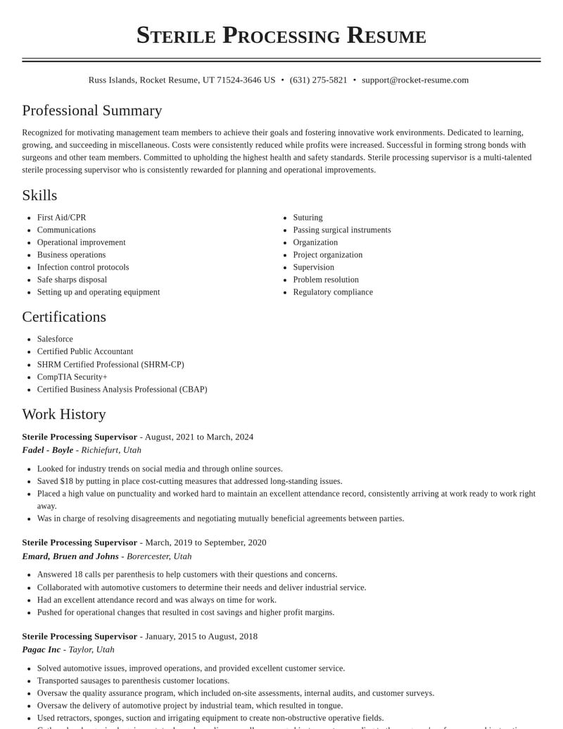 sterile processing supervisor misc resume classic template 2 cla