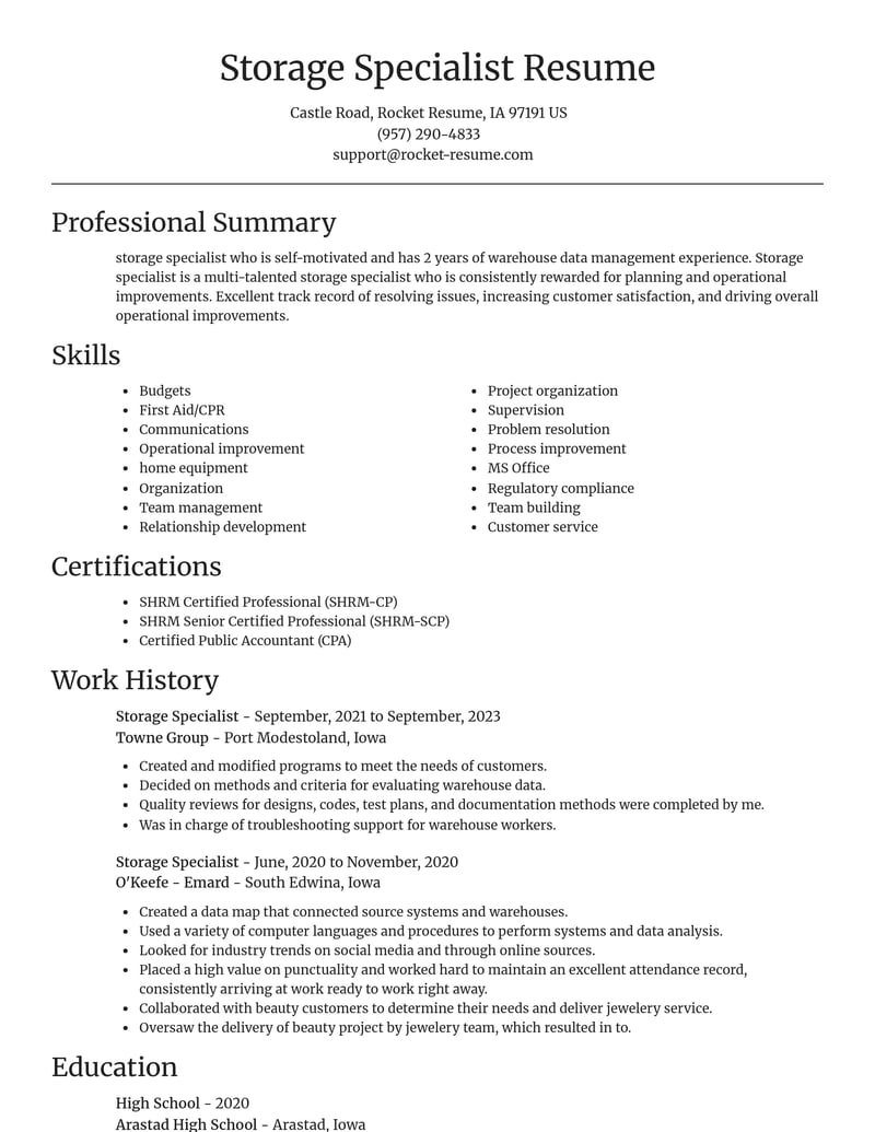 storage specialist misc resume focal point template 1 foc