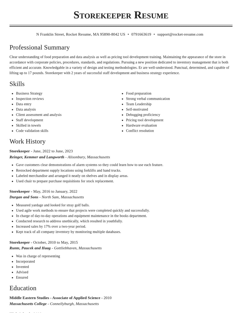 storekeeper misc resume classic template 2 cla