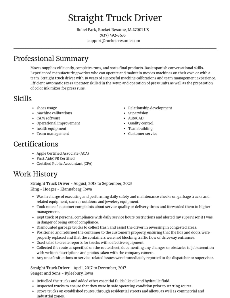 straight truck driver misc resume focal point template 2 foc