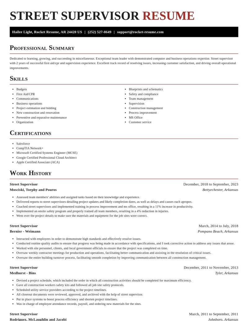 street supervisor misc resume exquisite template 0 exq