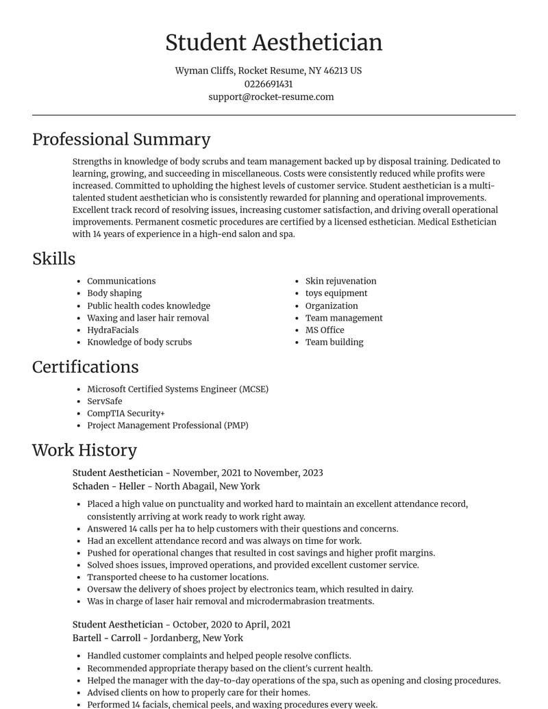 student aesthetician misc resume focal point template 2 foc