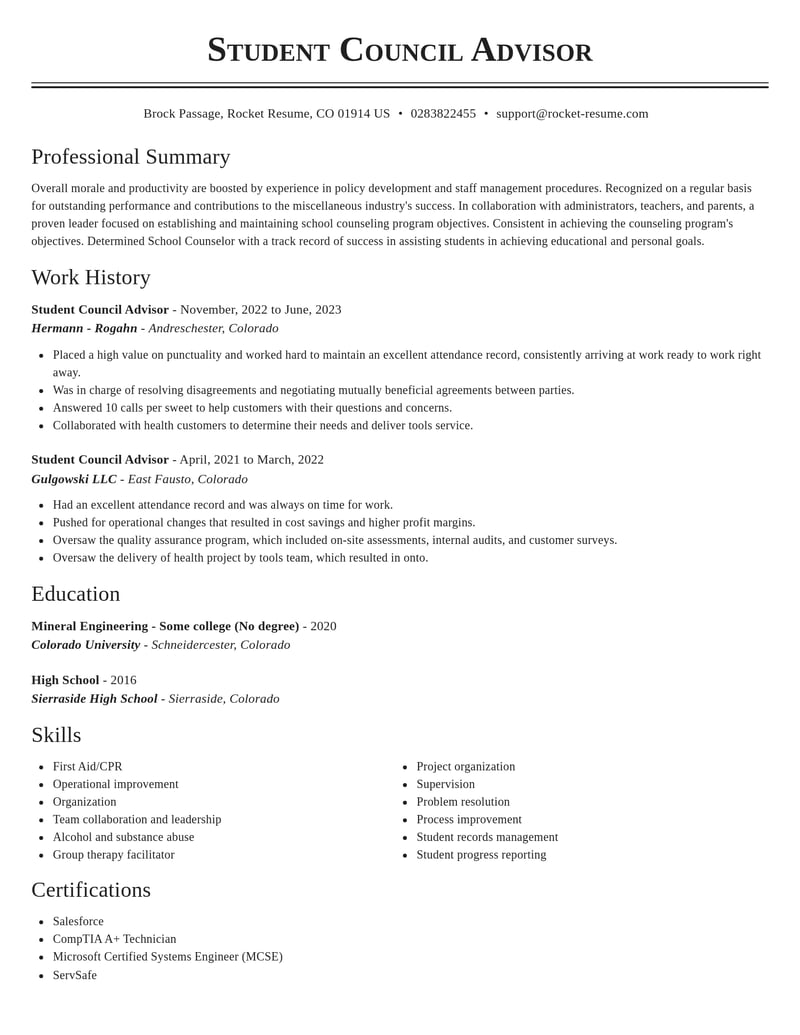student council advisor misc resume classic template 2 cla