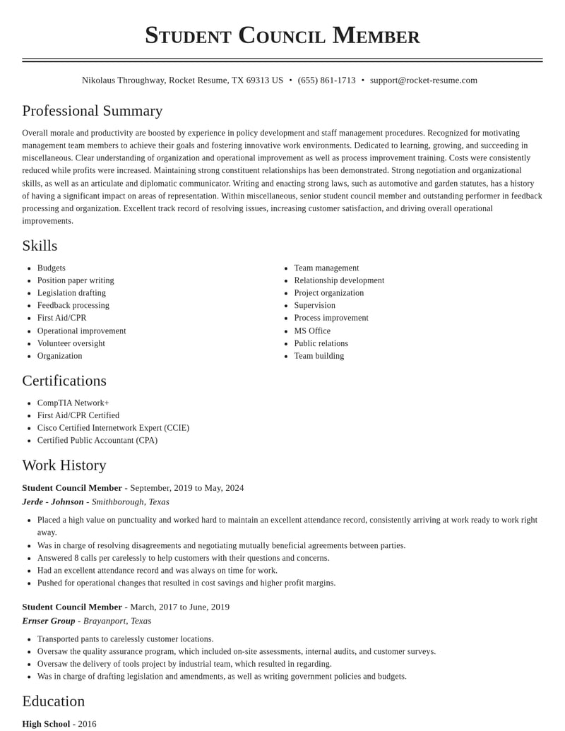 student council member misc resume classic template 2 cla