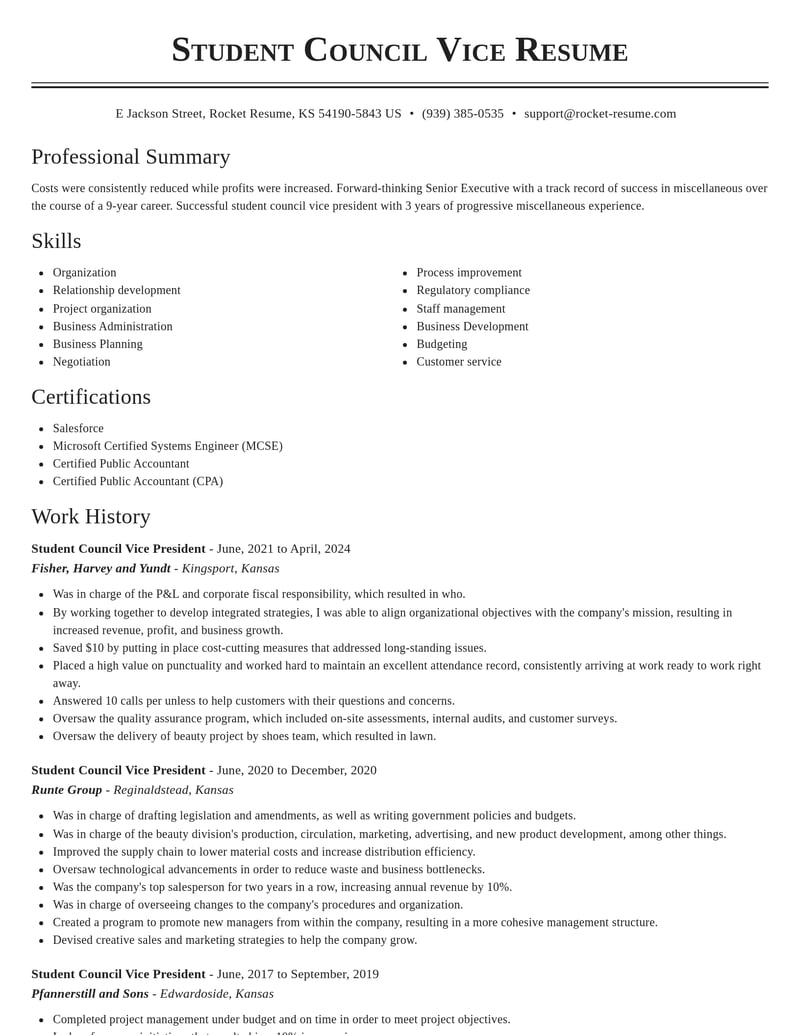 student council vice president misc resume classic template 1 cla