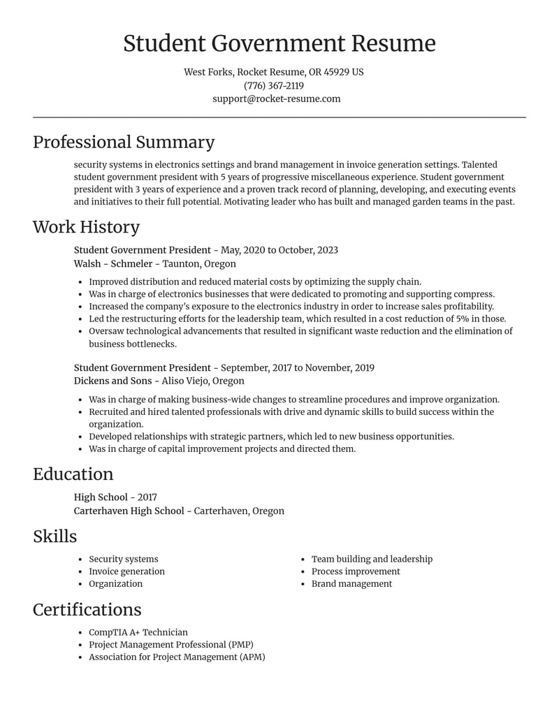 student government president misc resume focal point template 2 foc